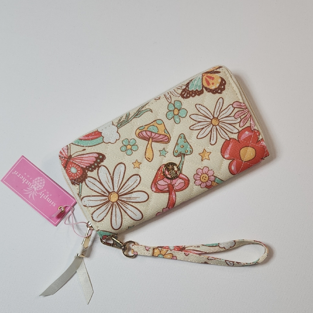 Simply Southern Mushroom & Daisy Wallet Wristlet – Boho Floral Zip Around – NWT